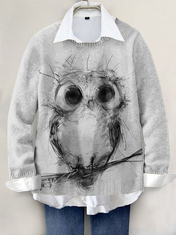Owl Hand-painted Art Print Knit Pullover Sweater