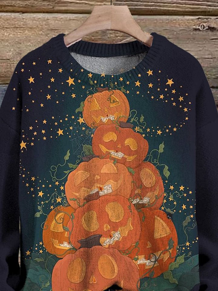 Halloween Pumpkin Stack Art Printed Knit Pullover Sweater