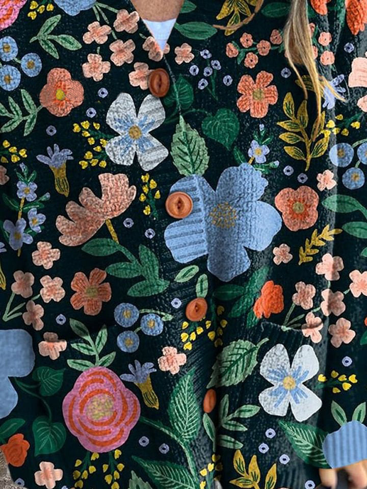 Vintage Lovely Floral Art Print Buttoned Cardigan Sweater