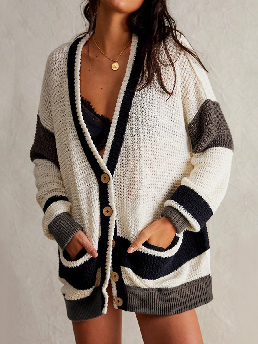 Women's Autumn And Winter Color Blocks Design Knitted Cardigan Sweater With Pockets