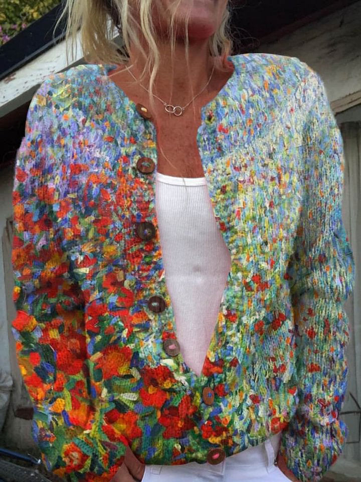 Women's Lovely Floral Art Print Buttoned Cardigan Sweater