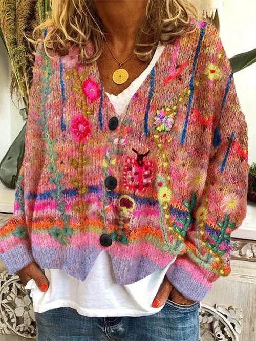 Floral Print Buttoned Casual Cardigan Sweater