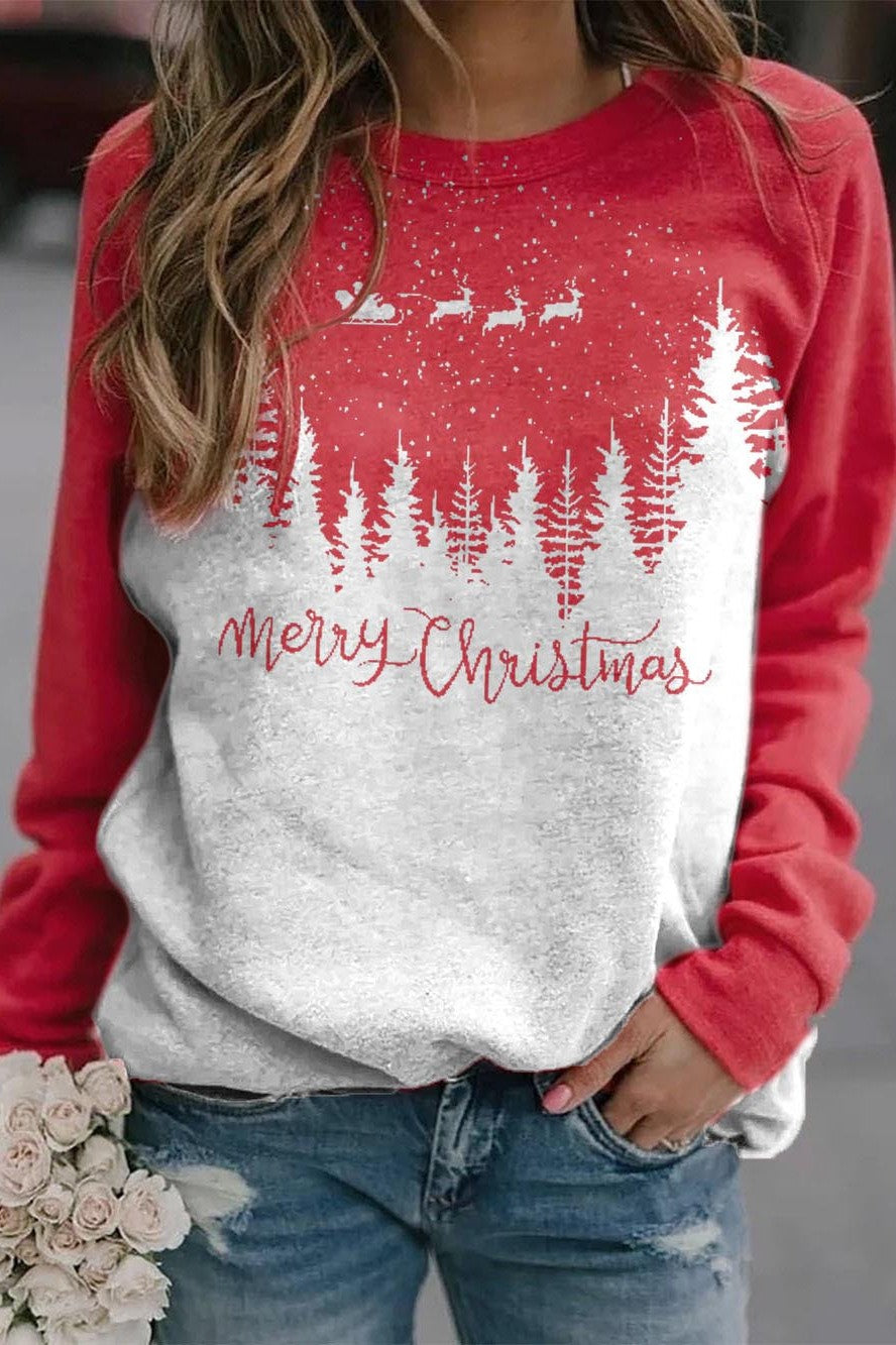Merry Christmas Print Patchwork Long Sleeves Sweatshirt