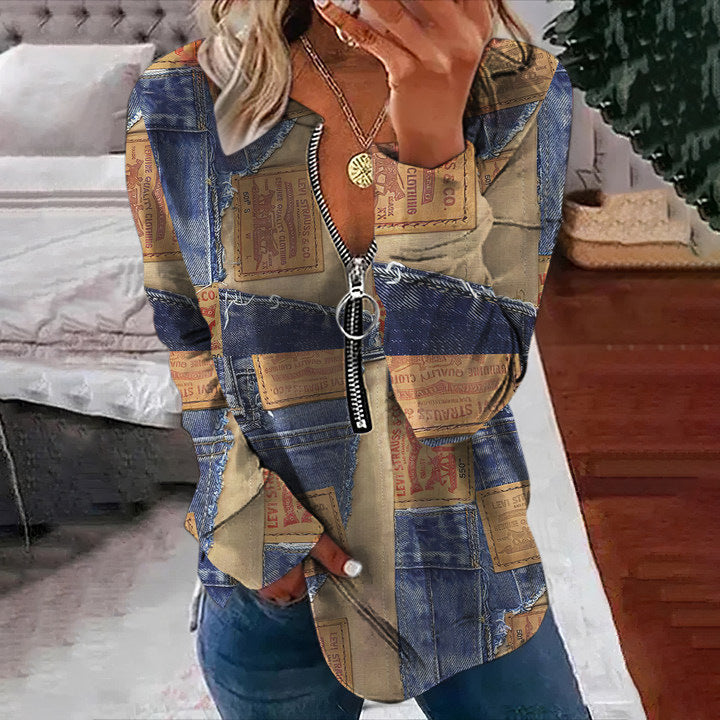 Color block printed round neck half zipper long sleeved sweatshirt