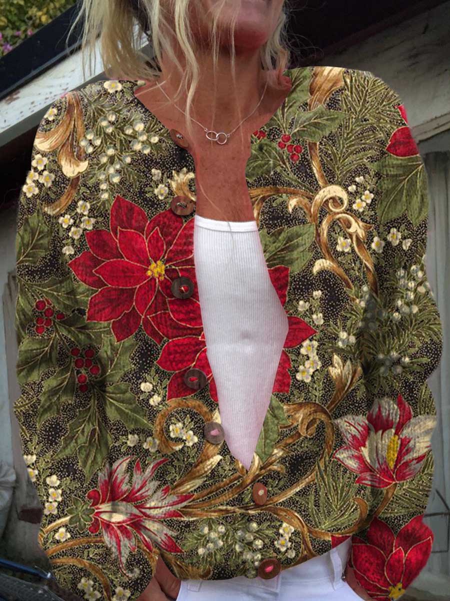 Christmas Art Print Buttoned Cardigan Sweater