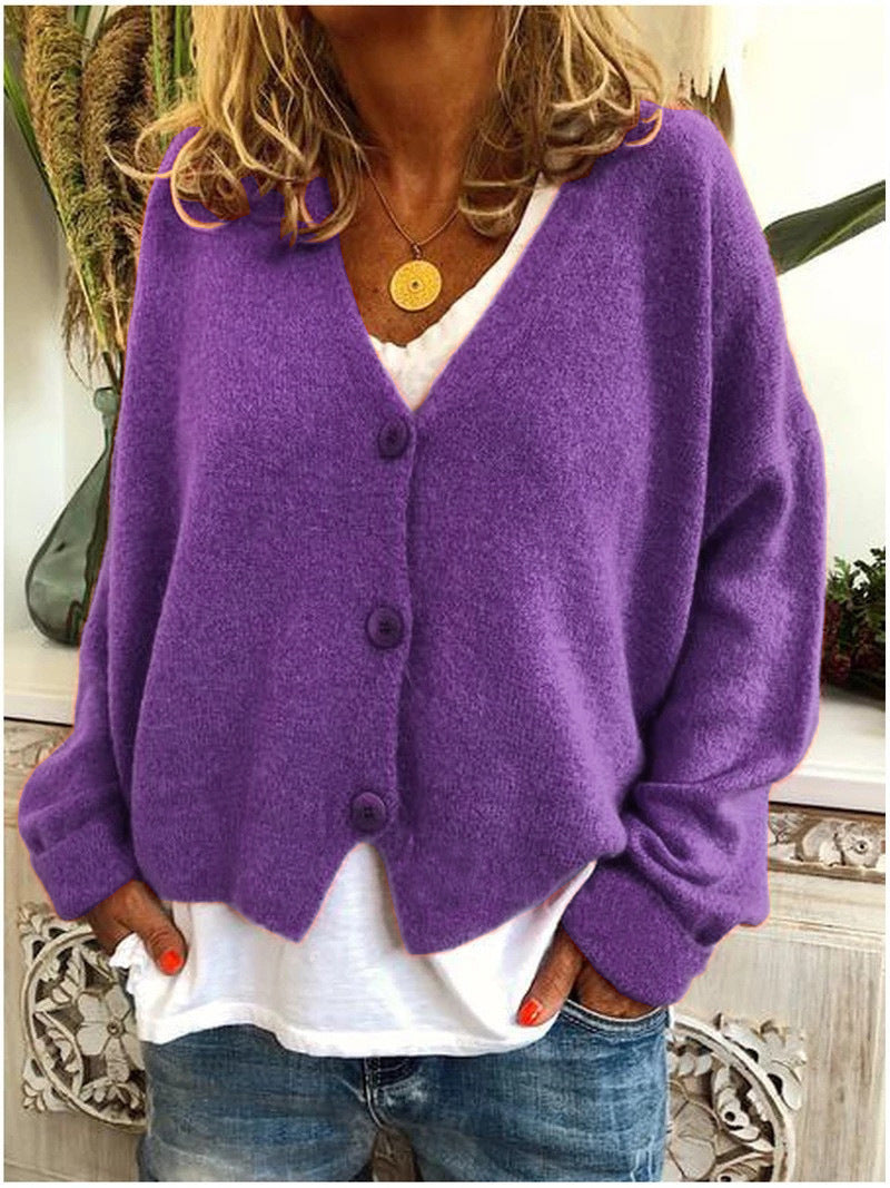 Women's Solid Color Buttoned Casual Cardigan Sweater