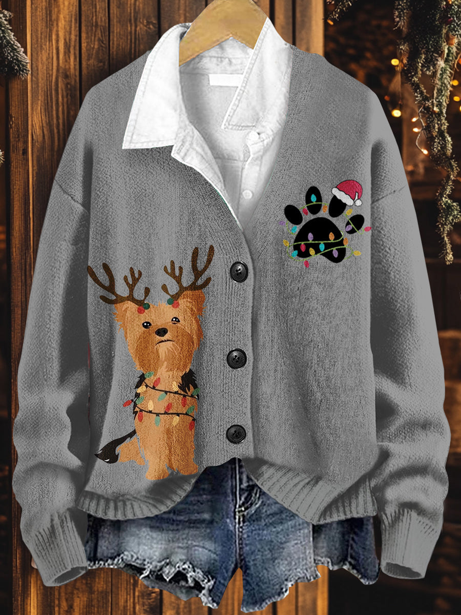 Dog Art Print Button V Neck Cardigan Sweater
