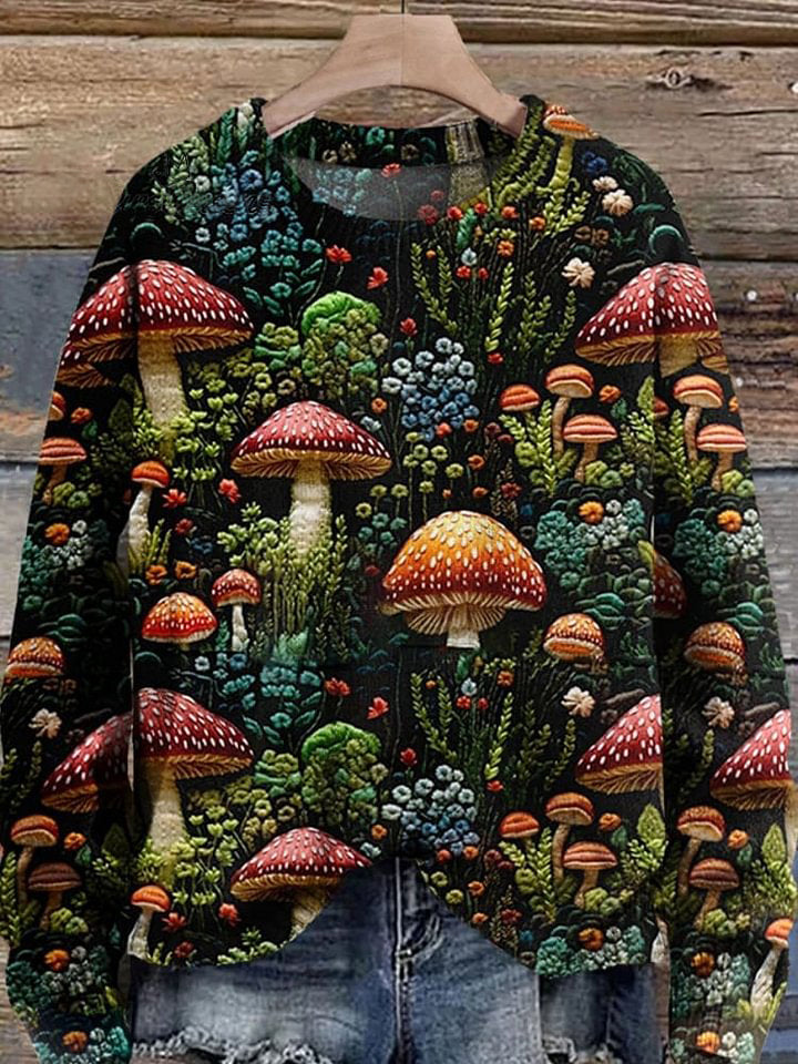 Retro Mushroom Art Print Knit Pullover Sweater