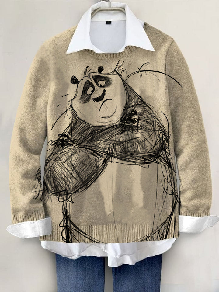 Cute Panda Hand-painted Art Print Knit Pullover Sweater