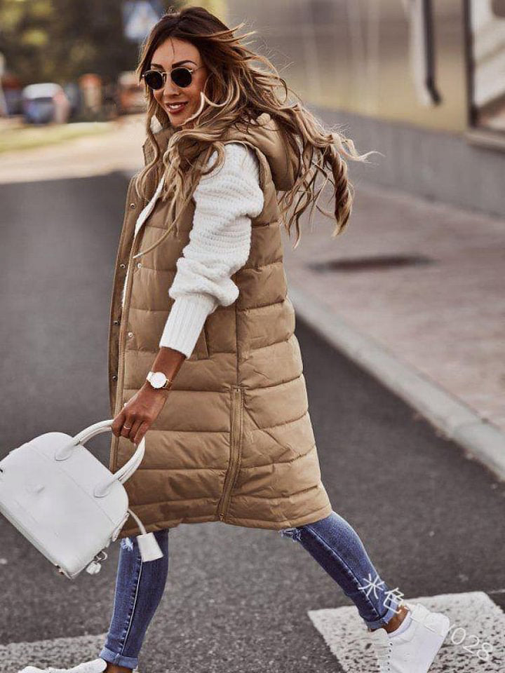 Women's Casaul Stylish Hooded Single Breasted Mid Length Cotton Vest Cardigan Jacket Coat