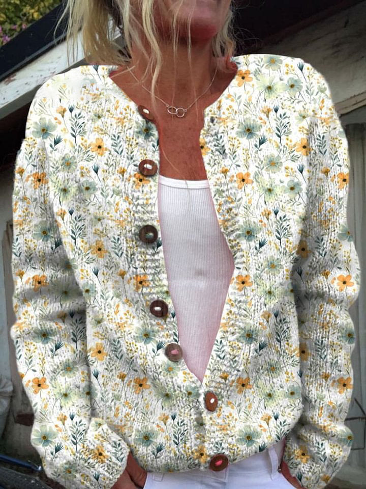Lovely Meadows Floral Pattern Printed Buttoned Cardigan Sweater