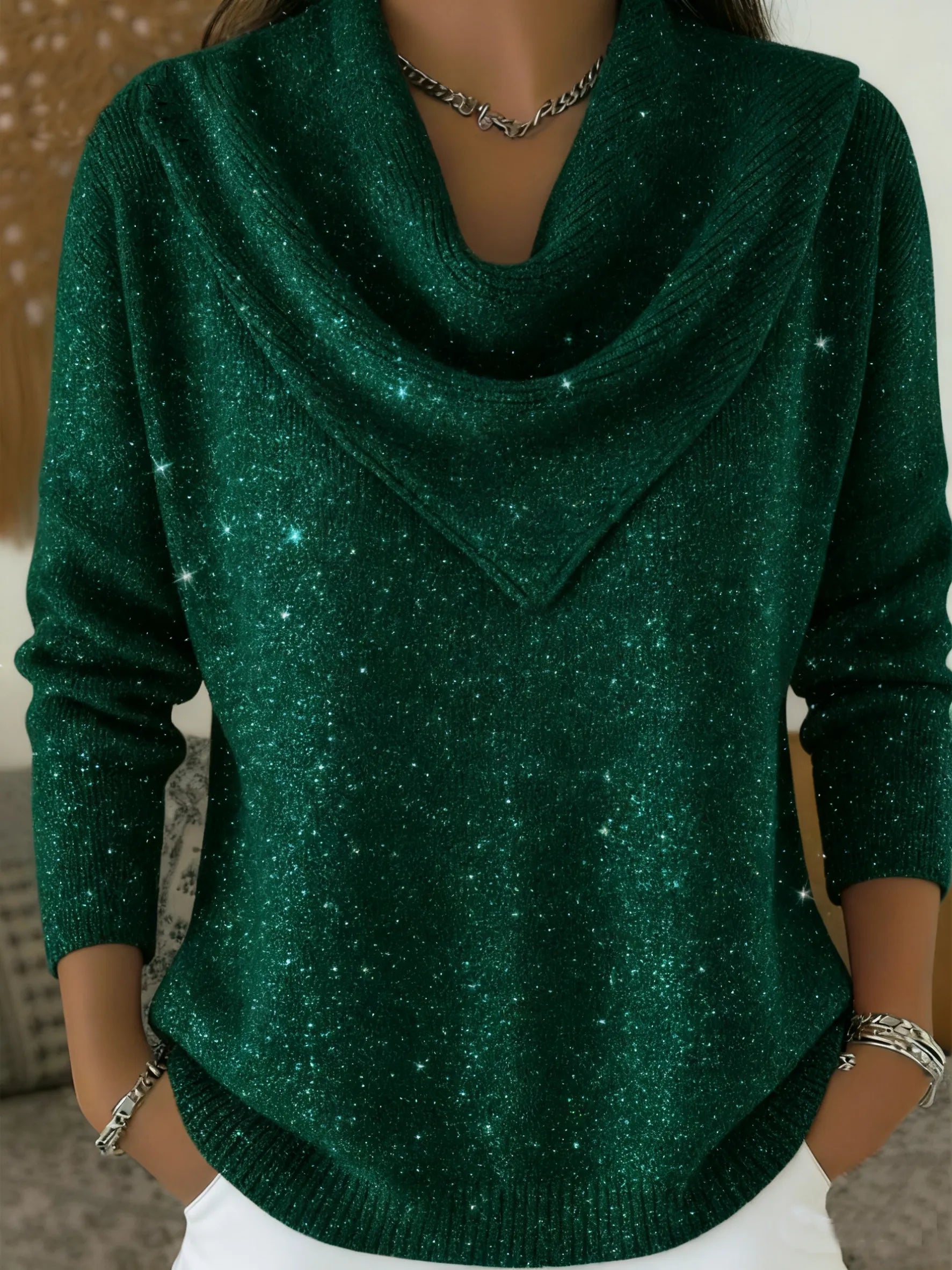 Vintage Soft Triangle Neck Sequined Shiny Sweater Top