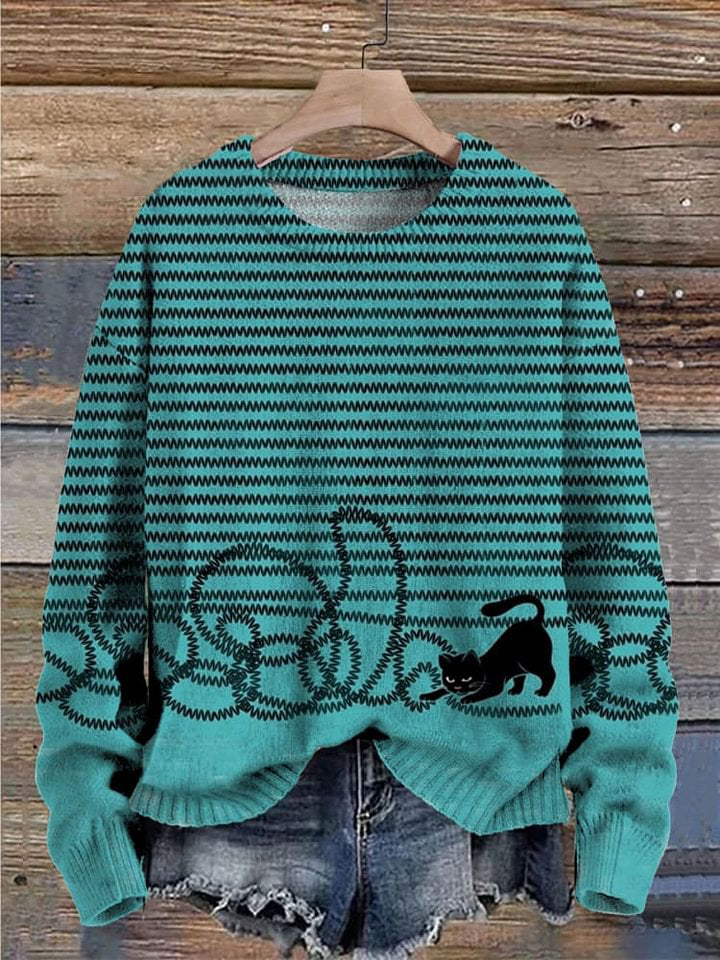 Cute Cat Print Knit Pullover Sweater