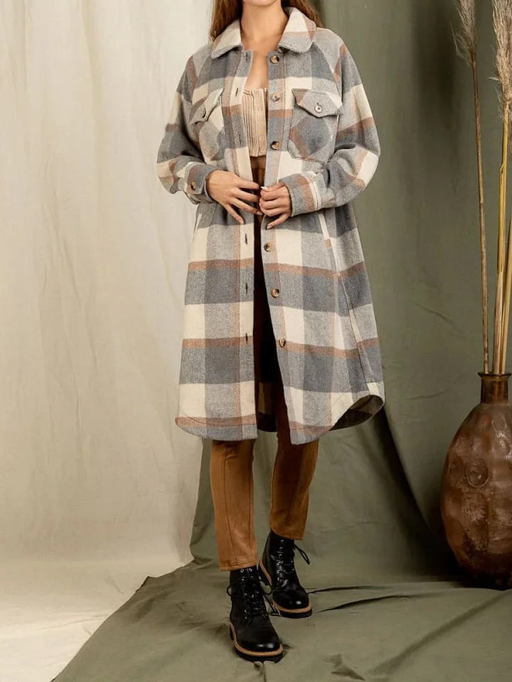 Stylish Lapel Big Pocket Long Sleeve Plaid Jacket Cardigan