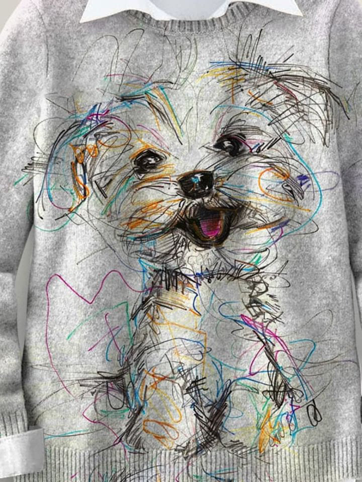 Lovely Dog Hand-painted Art Print Knit Pullover Sweater