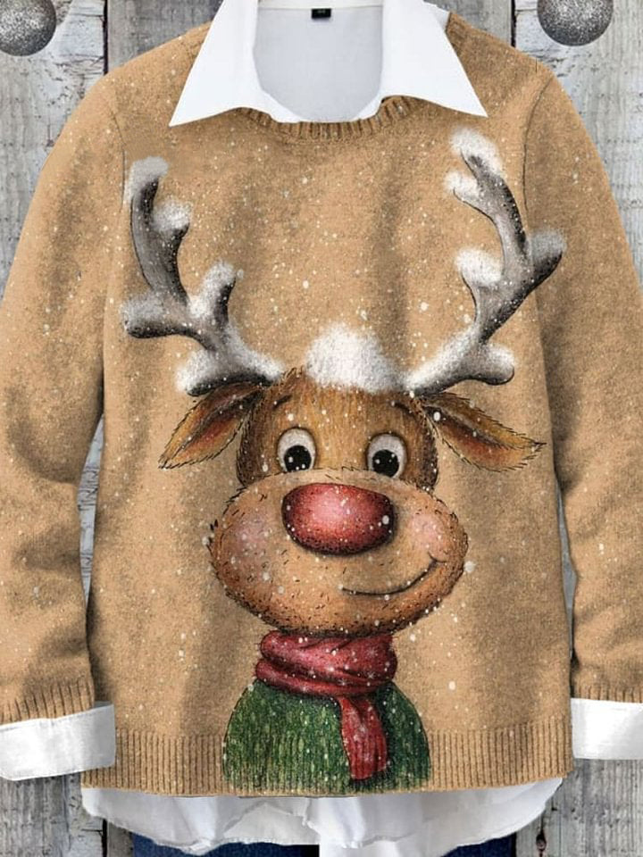 Cute Christmas Deer Art Print Knit Pullover Sweater