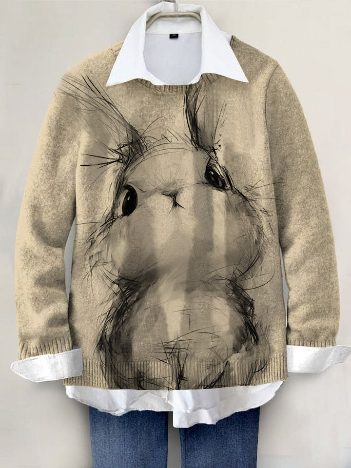 Cute Rabbit Hand-painted Art Print Knit Pullover Sweater
