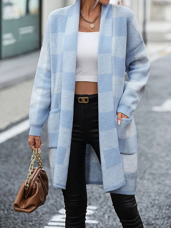 Loose Plaid Color Block Knitted Cardigan Sweater