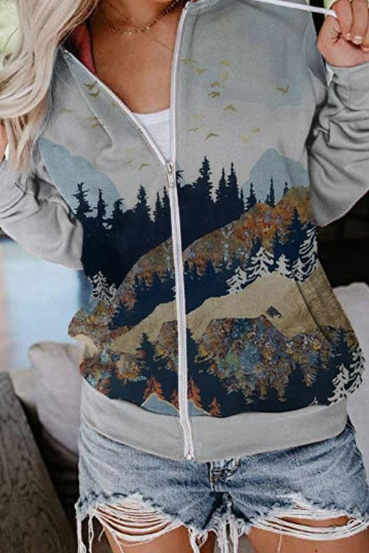 Landscape Print Hooded Zipper Long Sleeves Sweatshirt