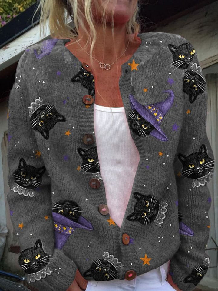 Halloween Cute Black Cat Print Buttoned Cardigan Sweater