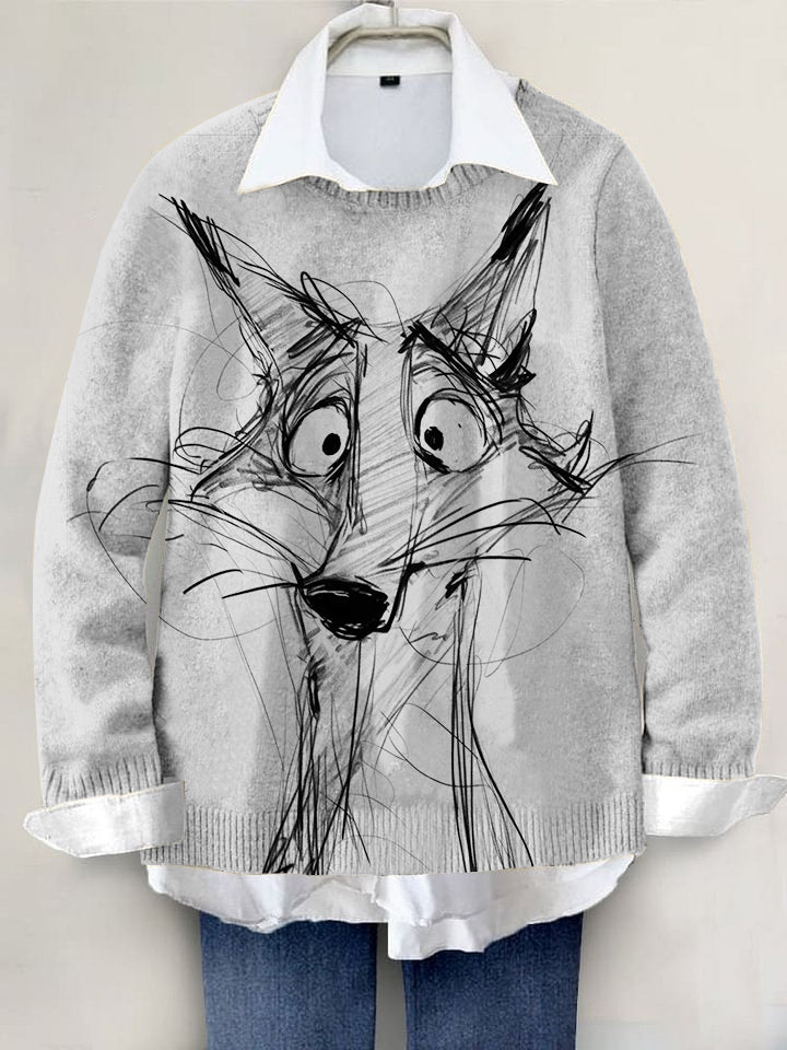 Cute Fox Hand-painted Art Print Knit Pullover Sweater