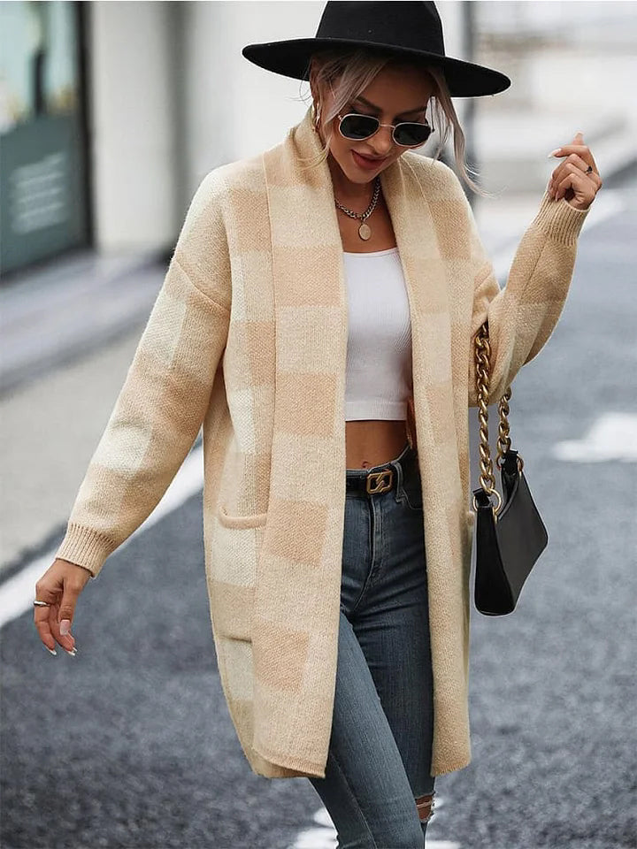 Loose Plaid Color Block Knitted Cardigan Sweater