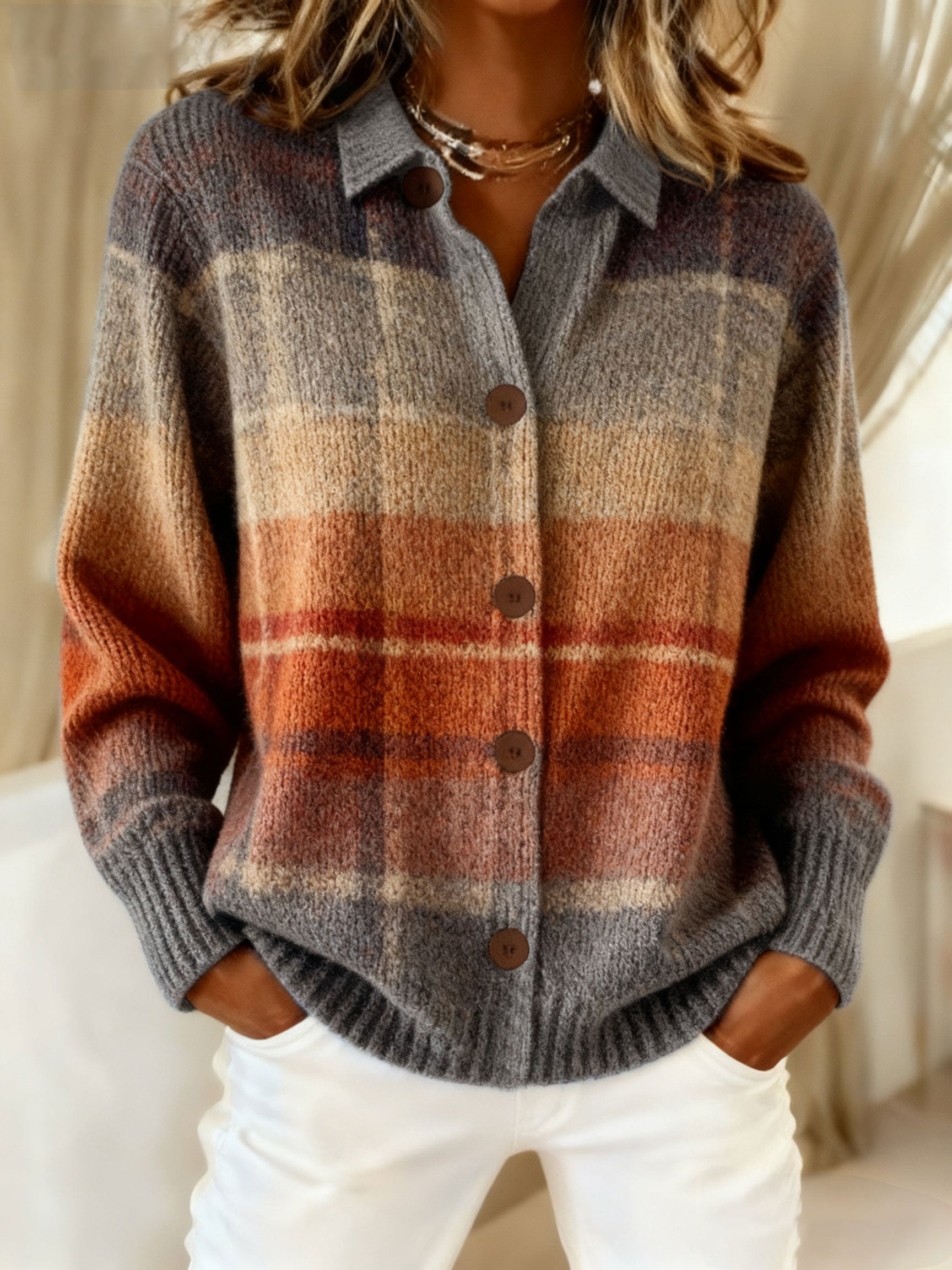 Women's Vintage Plaid Art Print Casual Sweater
