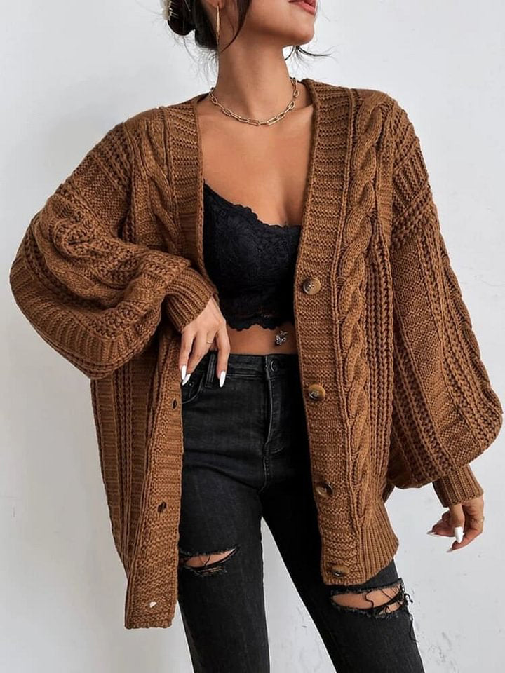 Loose Sweater Coat Autumn and Winter Twist Solid Color V-neck Cardigan