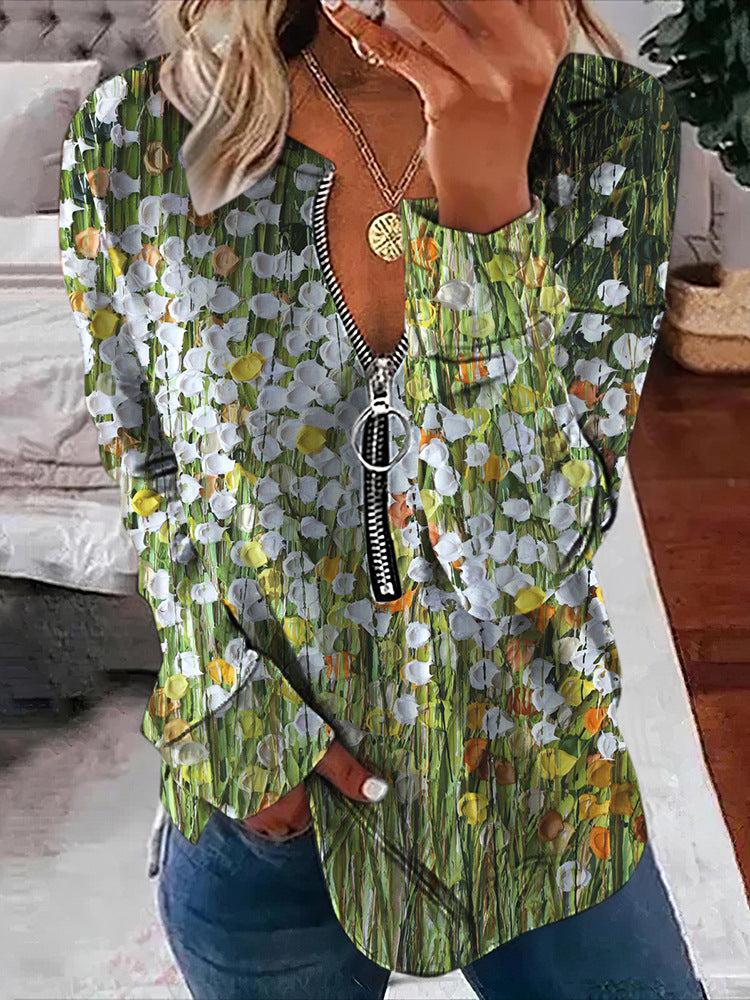 Green oil painting floral print round neck half zipper long sleeved sweatshirt