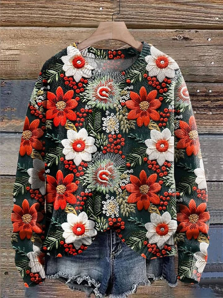 Christmas Red and Green Print Knit Pullover Sweater