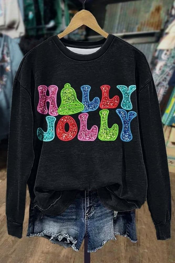 Holly Jolly Retro Christmas Print Casual Sweatshirt