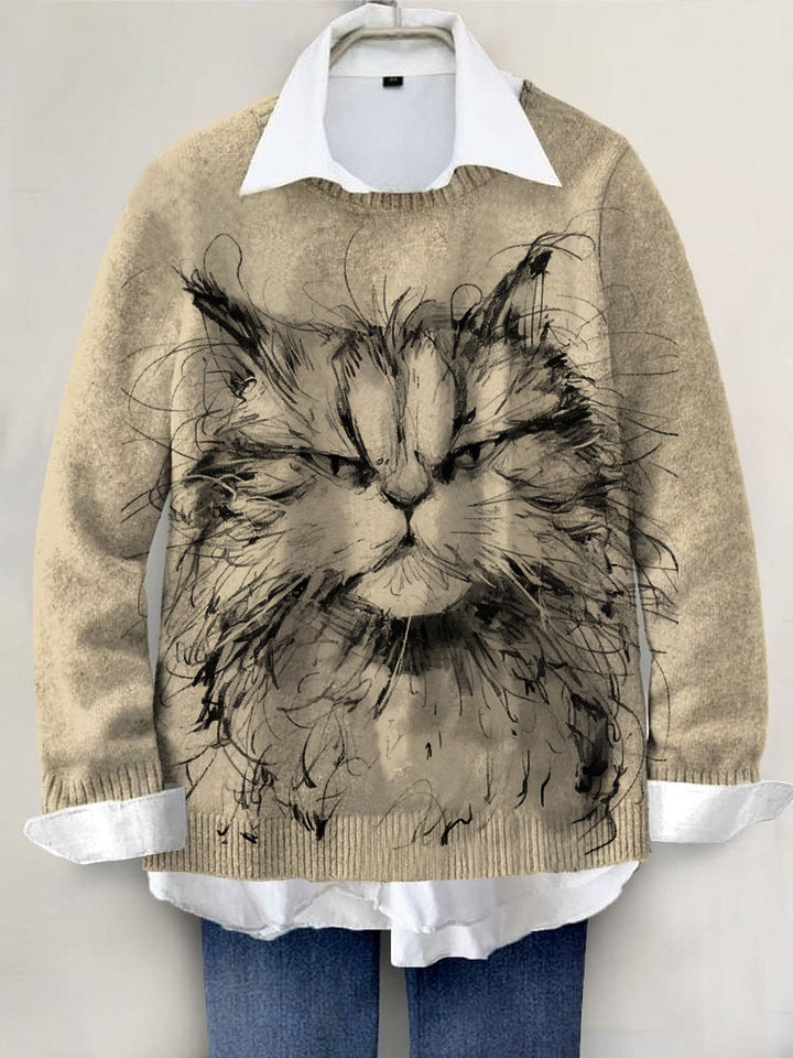 Cute Cat Hand-painted Art Print Knit Pullover Sweater