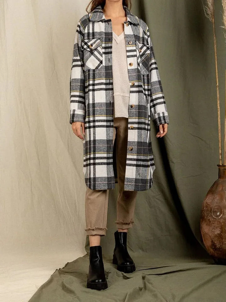 Stylish Lapel Big Pocket Long Sleeve Plaid Jacket Cardigan