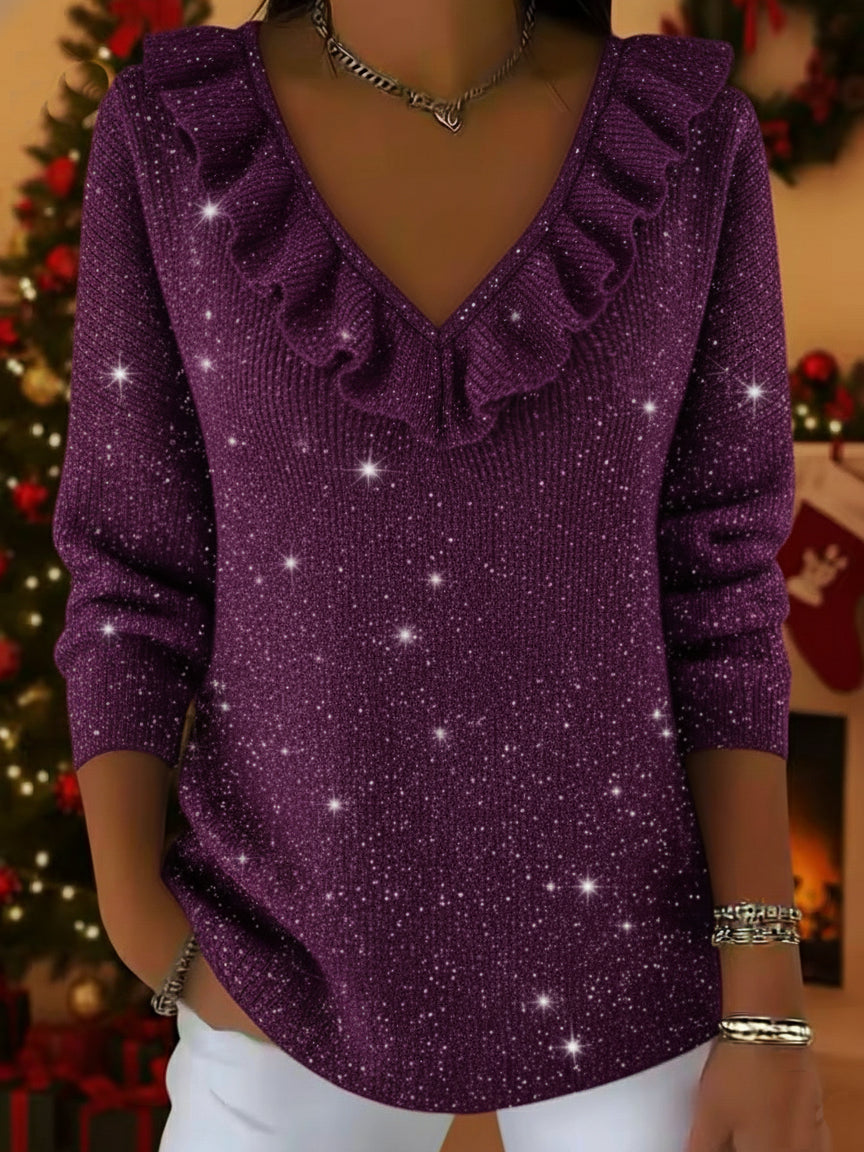 Christmas Elegant V-neck Ruffled Sparkly Sweater Top