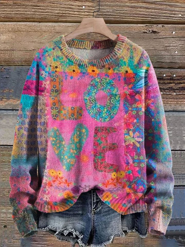 Women's Floral Patchwork Love Graphic Print Knit Pullover Sweater