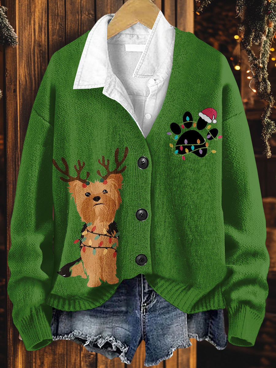 Dog Art Print Button V Neck Cardigan Sweater