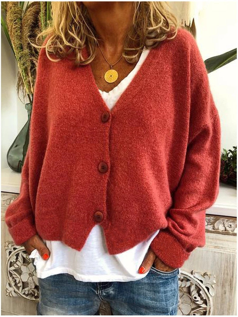 Women's Solid Color Buttoned Casual Cardigan Sweater