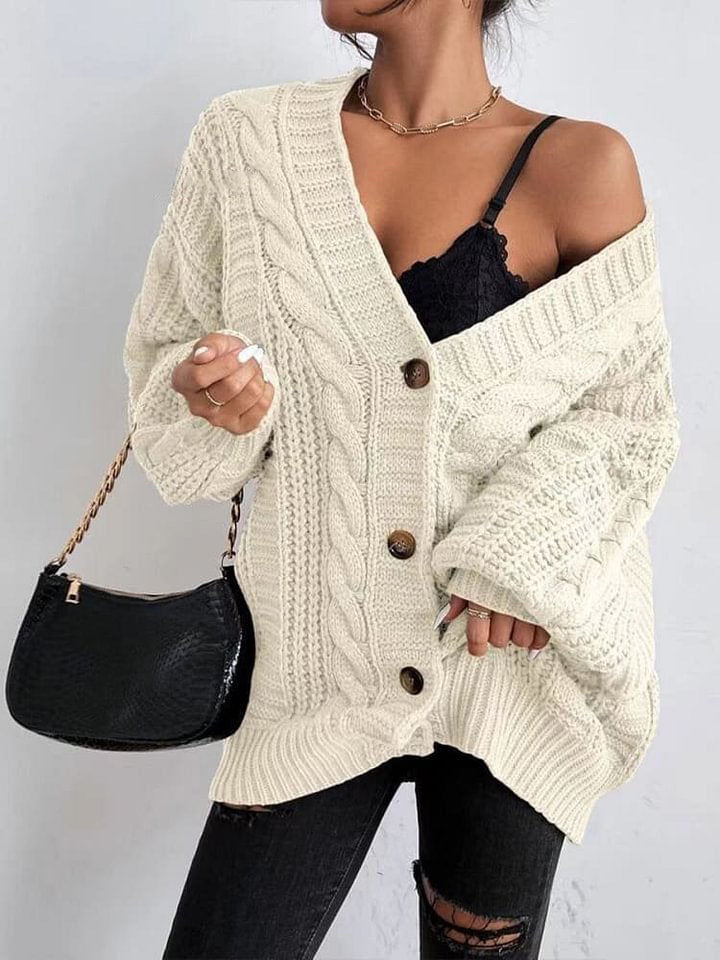 Loose Sweater Coat Autumn and Winter Twist Solid Color V-neck Cardigan