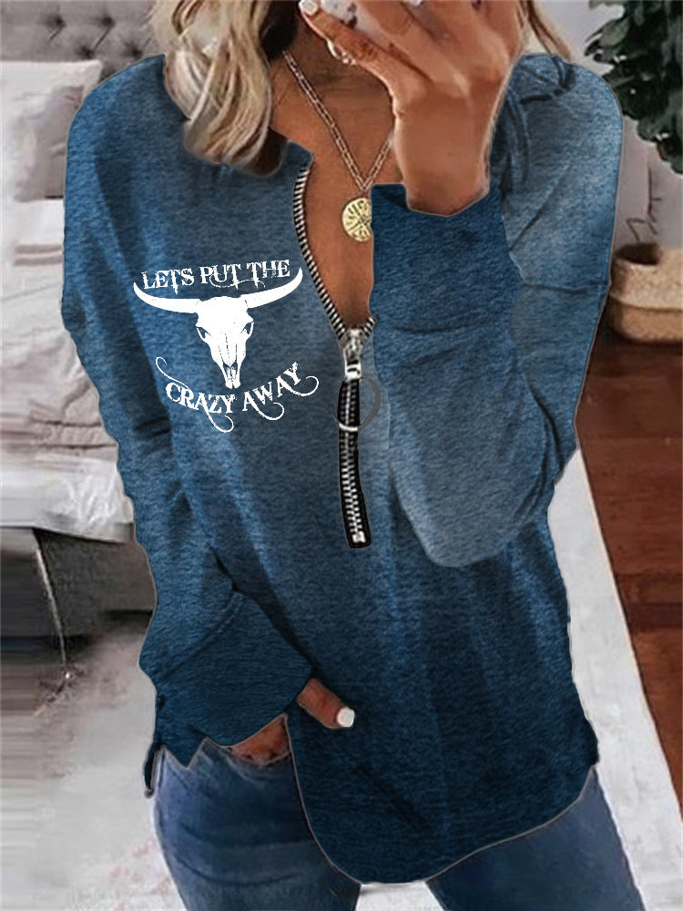 Bull print round neck half zipper long sleeved sweatshirt
