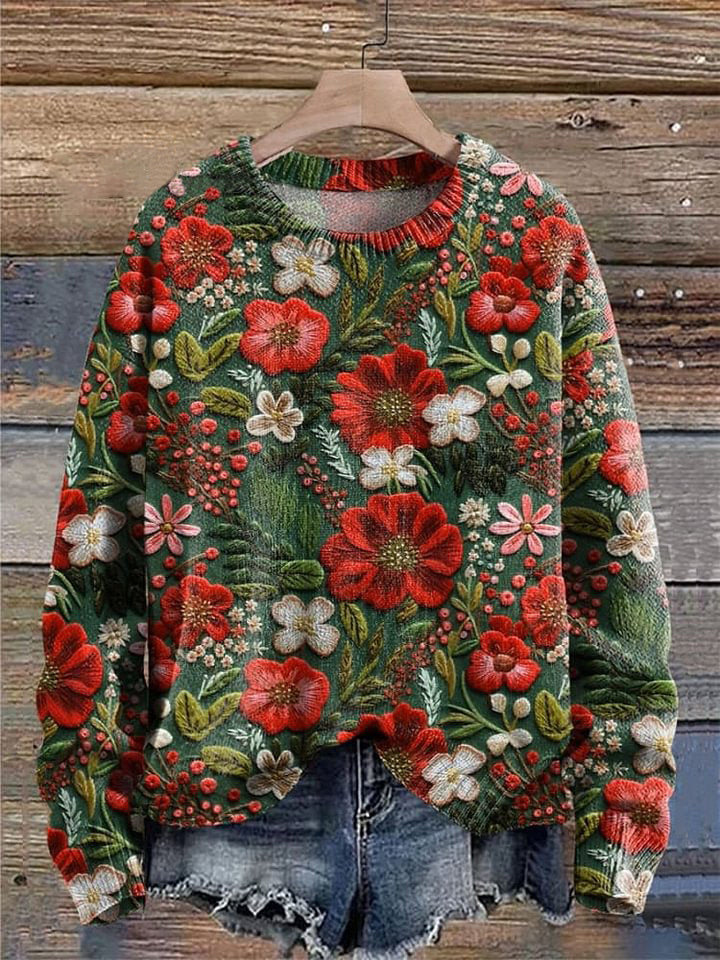 Christmas Vintage Christmas Flowers Print Knit Pullover Sweater