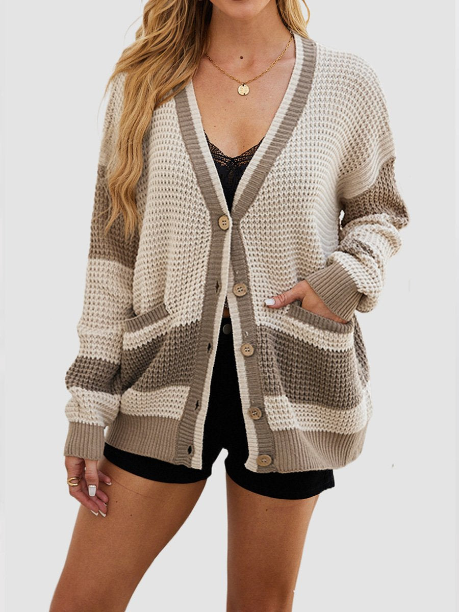 Women's Autumn And Winter Color Blocks Design Knitted Cardigan Sweater With Pockets