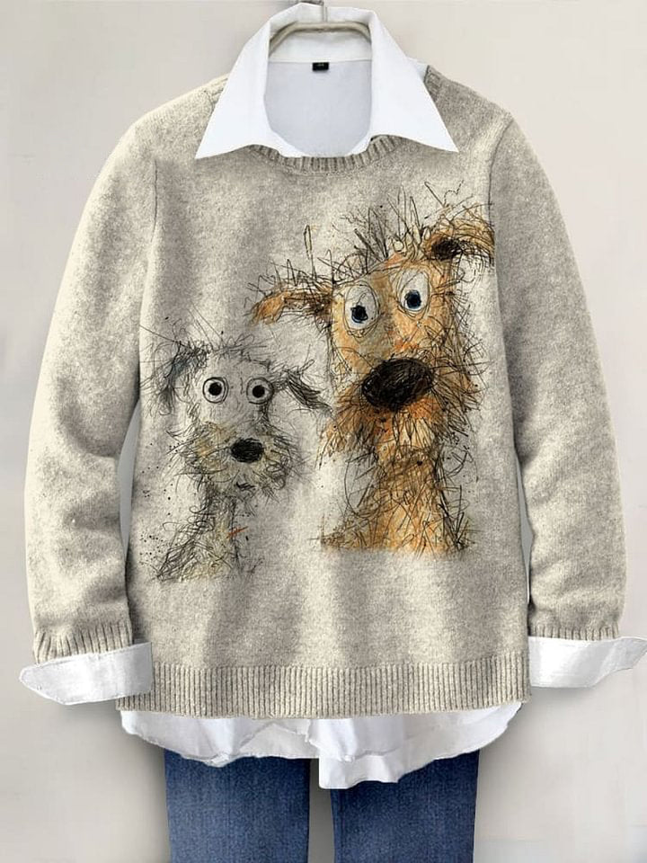 Friend Lovely Dog Hand-painted Art Print Knit Pullover Sweater