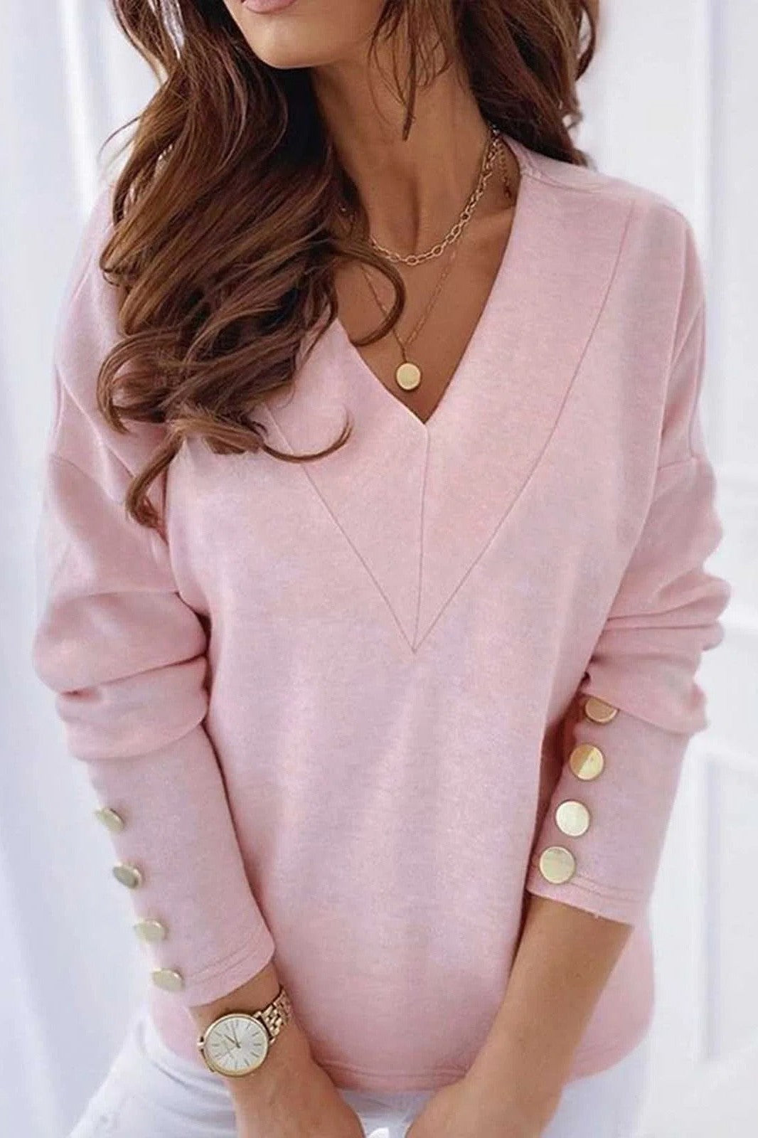 Solid Color V-neck Casual Long Sleeves Sweatshirt