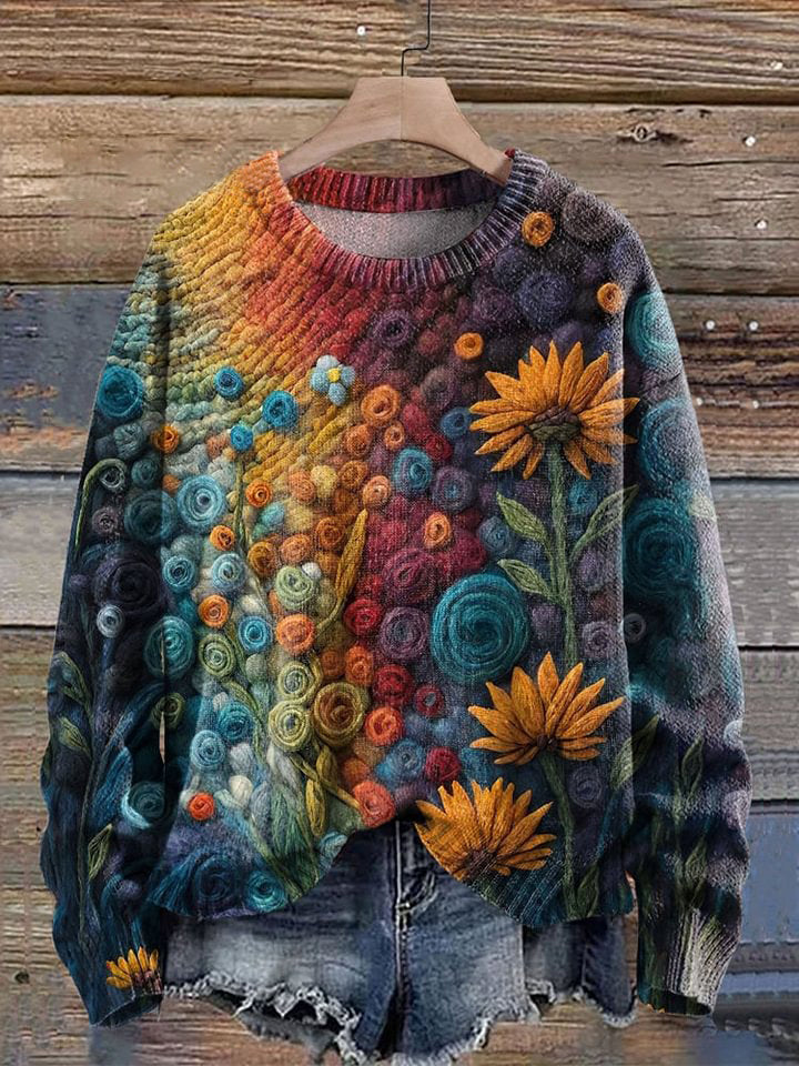 Women's Retro Rainbow Sunflower Pattern Print Knit Pullover Sweater