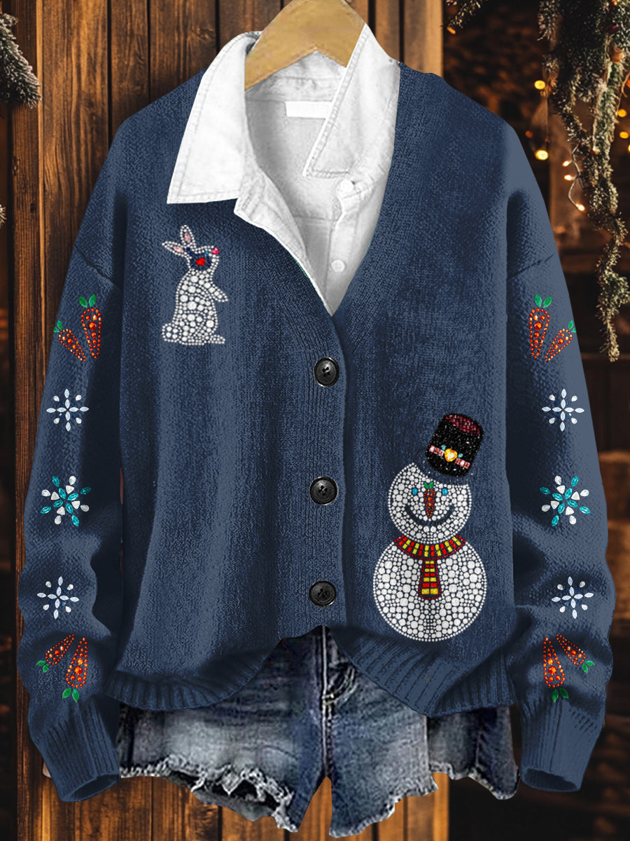 Christmas Art Print Button V Neck Cardigan Sweater