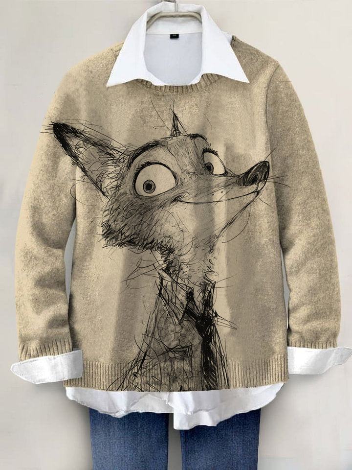 Cute Fox Hand-painted Art Print Knit Pullover Sweater