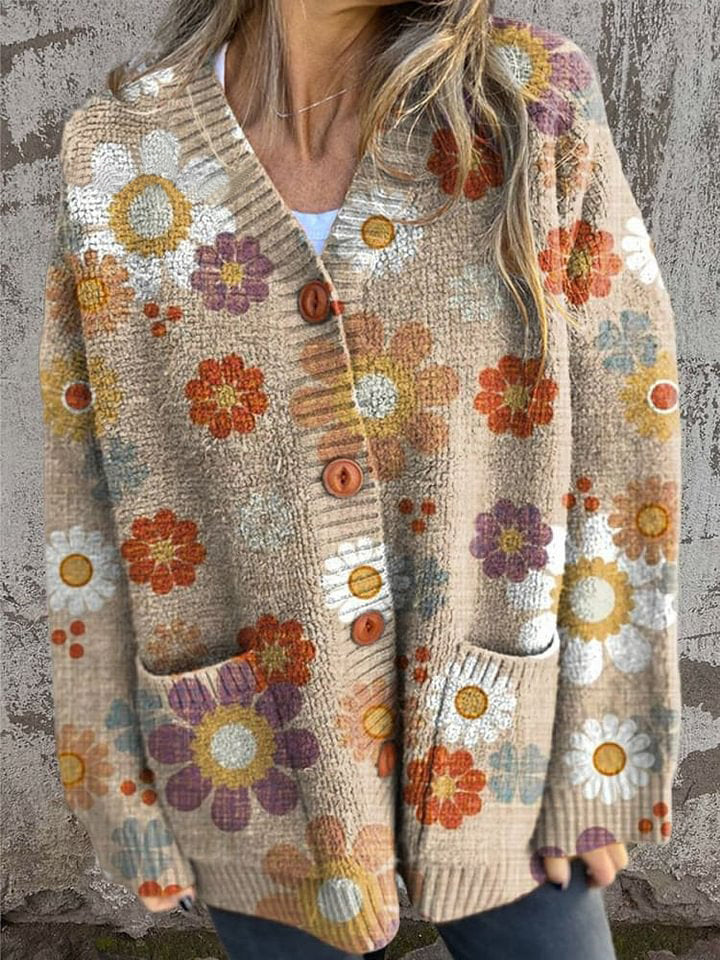 Vintage Lovely Floral Art Print Buttoned Cardigan Sweater