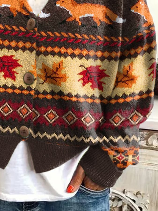 Women's The Fox And Foliage Print Long Sleeve Cardigan