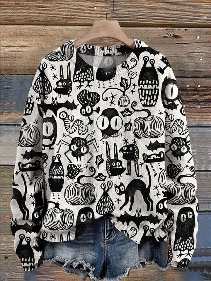 Lovely Halloween Monsters Pattern Printed Knit Pullover Sweater