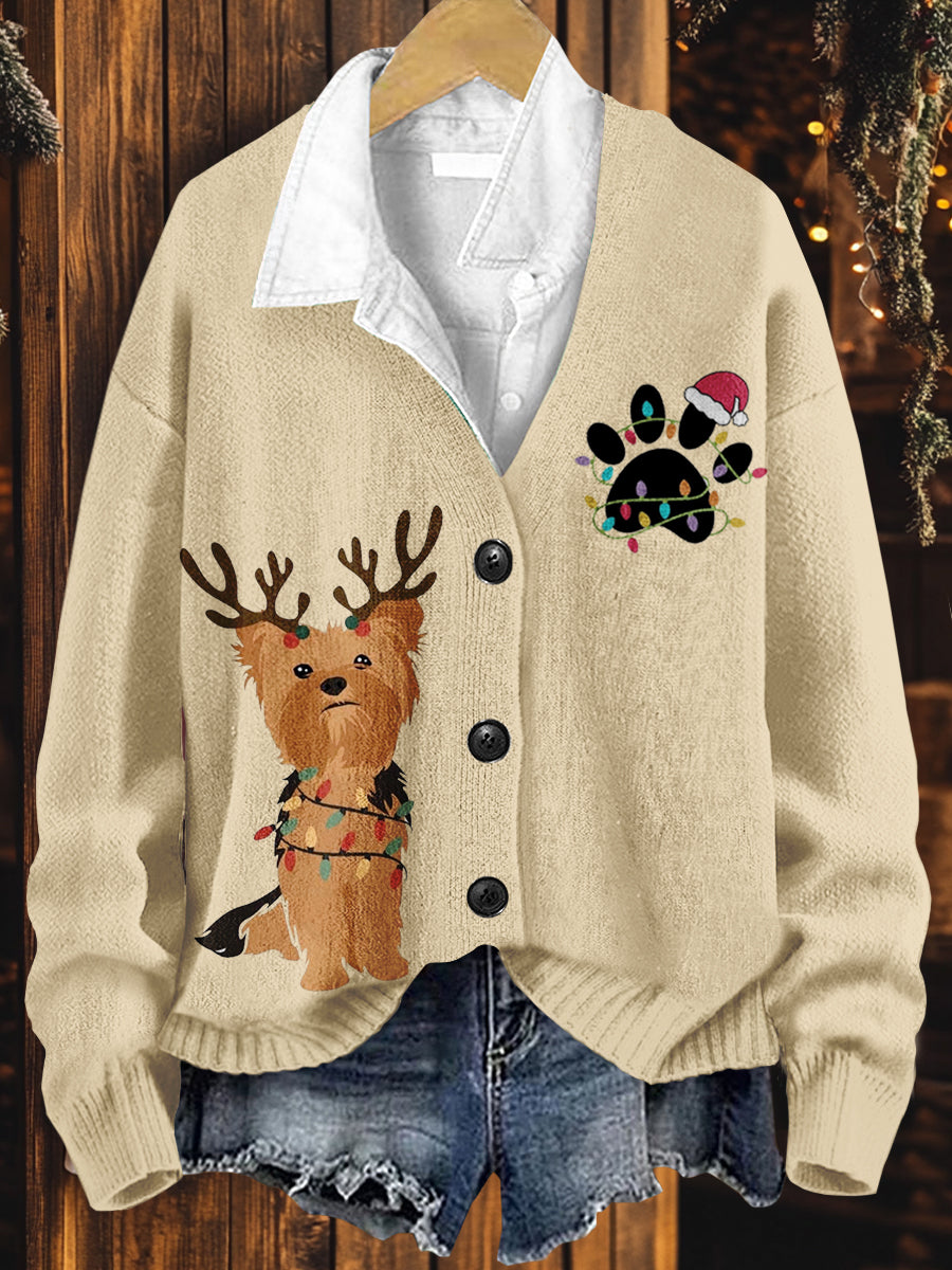 Dog Art Print Button V Neck Cardigan Sweater